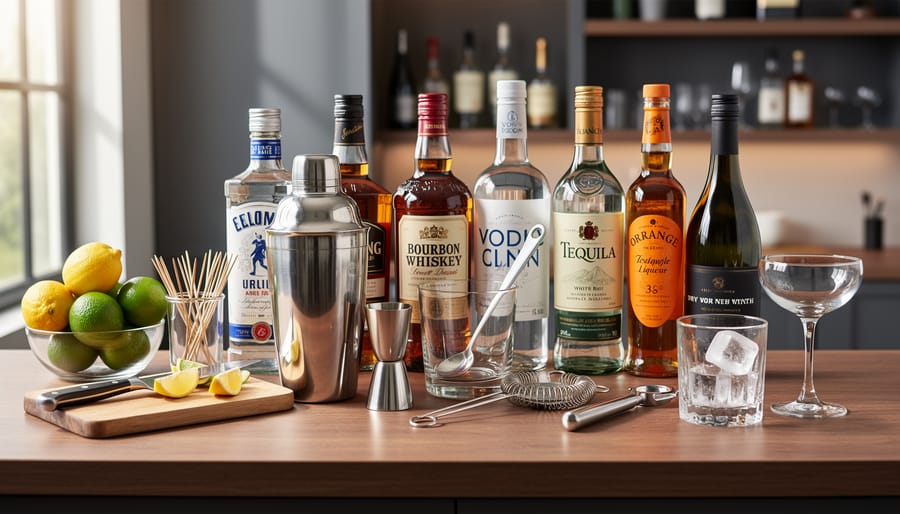 Bartender’s hands arranging essential cocktail tools and spirit bottles on a home bar counter.