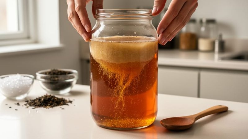 Close-up of a clear glass jar of amber kombucha with a SCOBY disc floating on top on a kitchen countertop, with brewing supplies in soft blur behind it.
