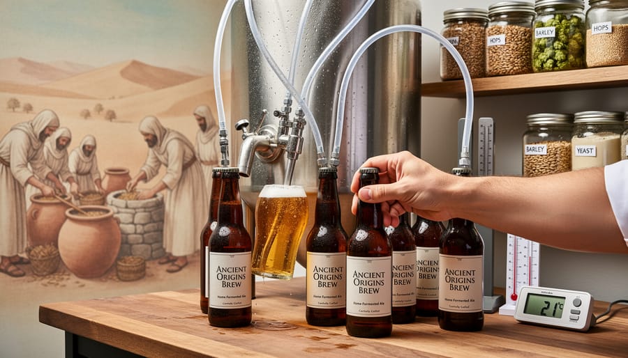 Person’s hands bottling kombucha in swing-top bottles on a kitchen counter