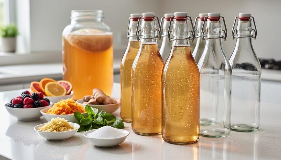 Assorted kombucha bottling supplies, including glass bottles, fruit slices, and herbs arranged on a countertop