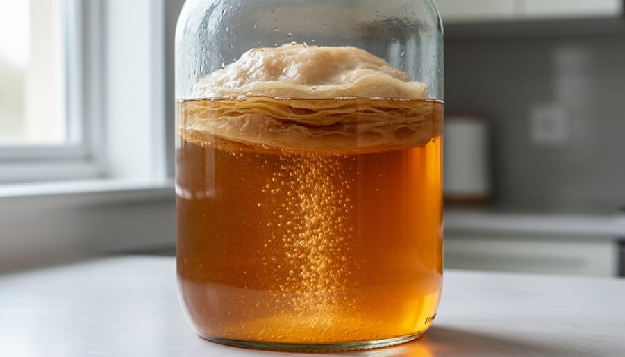 Glass jar of kombucha with a floating SCOBY disc and amber liquid surface bubbles
