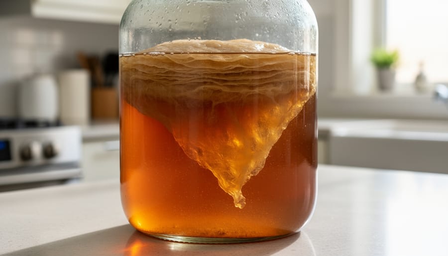A clear glass kombucha fermentation vessel with a SCOBY visible beneath the surface of brewed tea on a kitchen counter