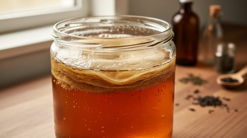Close-up of a glass jar of fermenting kombucha with a floating SCOBY and small bubbles in amber tea on a wooden surface.