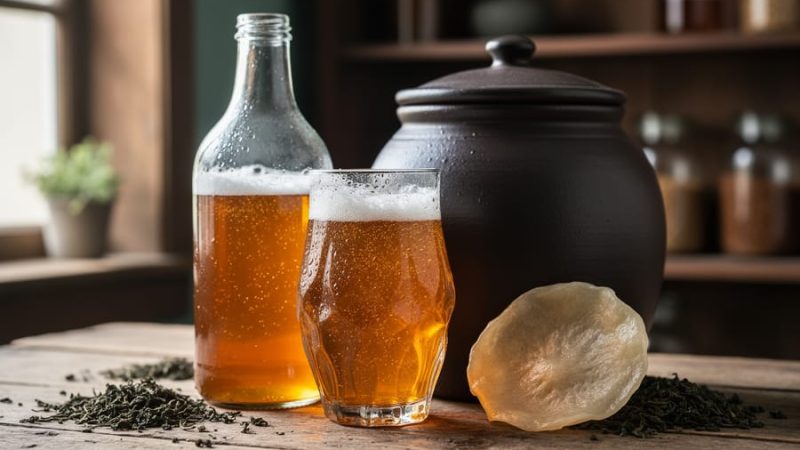 Close-up of sparkling amber kombucha in a glass, with fermenting crock and SCOBY-like culture disc on a wooden surface, evoking the drink’s ancient origins.