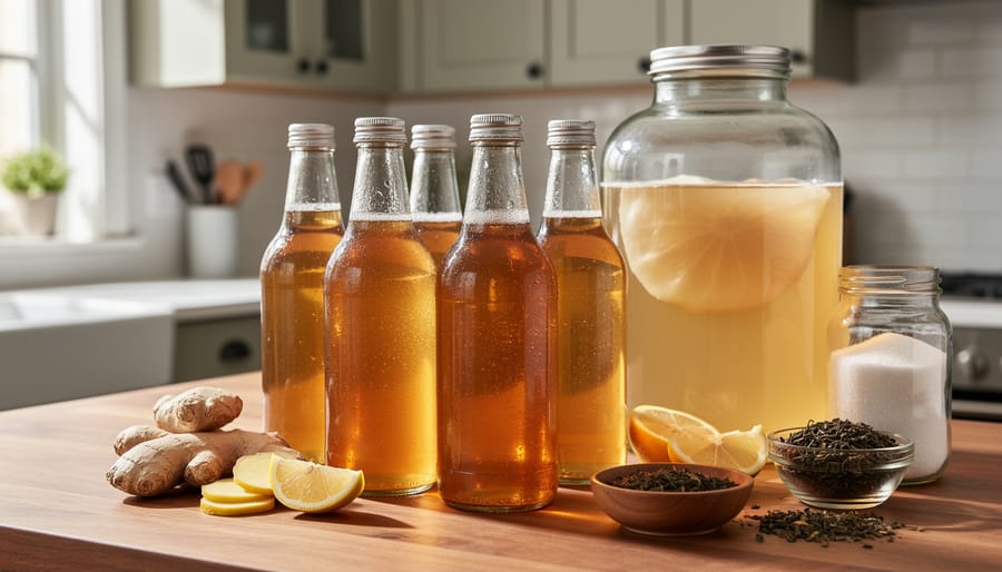 Glass bottle of raw kombucha beside a home brewing jar on a kitchen counter with tea leaves in the background