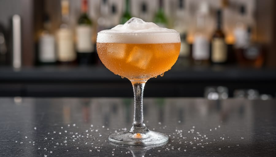 Close-up of a shaken classic cocktail being garnished with a lemon twist, with condensation on the glass.