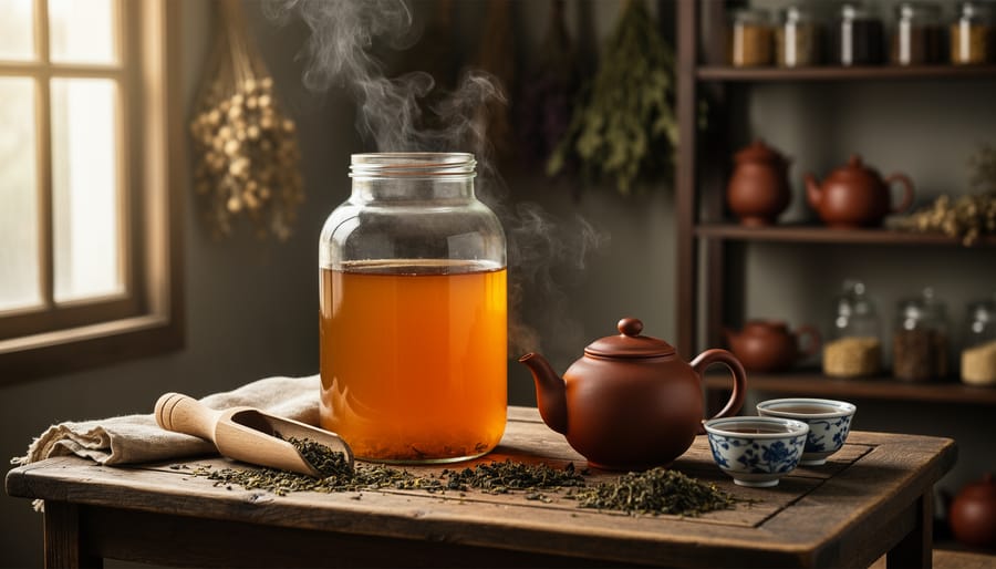 Black tea kettle and cups on a wooden table with ceramic tea utensils and tea leaves