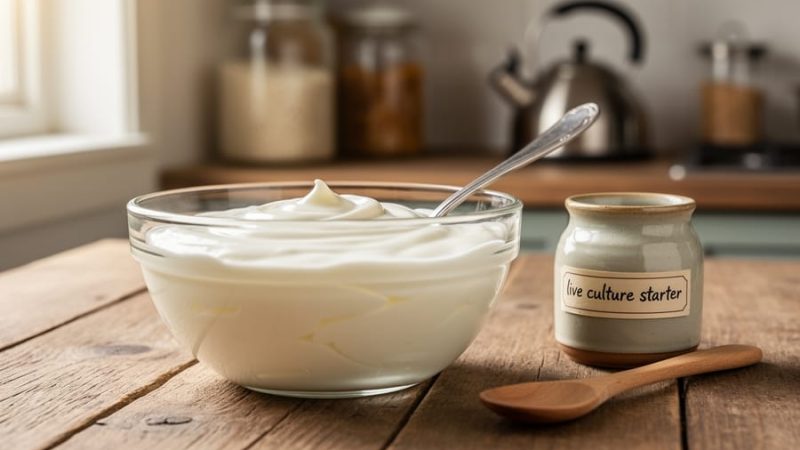 Glass bowl of homemade thick yogurt with a spoon next to a small jar of live-culture starter on a rustic wooden kitchen table.