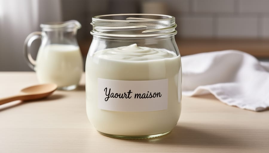 Pots de yaourt maison crémeux dans une cuisine, avec une cuillère sur une table en bois.