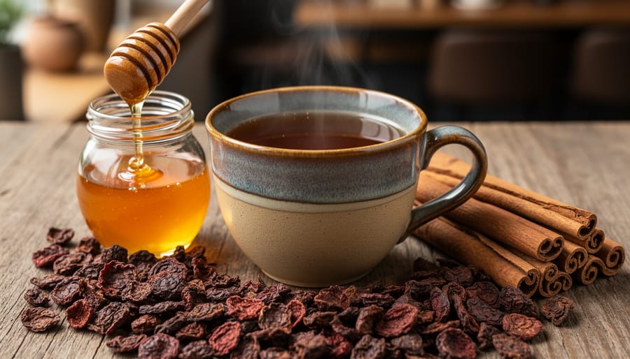 Cascara tea in a cup with dried coffee cherry husks, honey, and cinnamon sticks on a plate