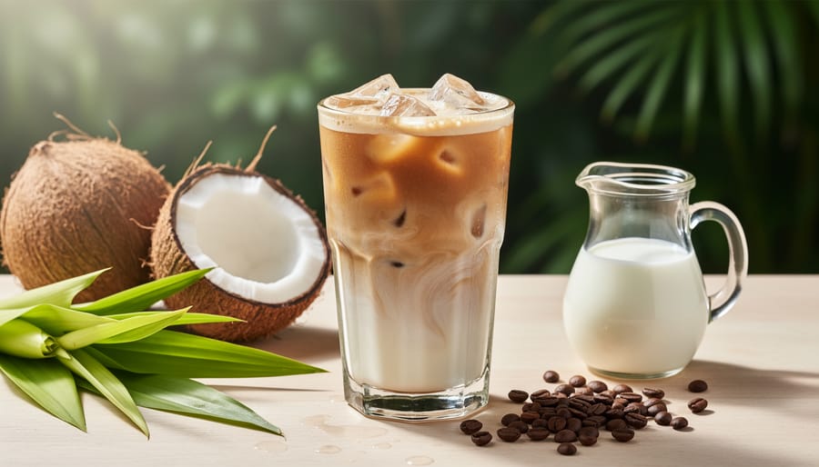 Coconut milk coffee with pandan leaf garnish in a glass with coconut and pandan leaves nearby