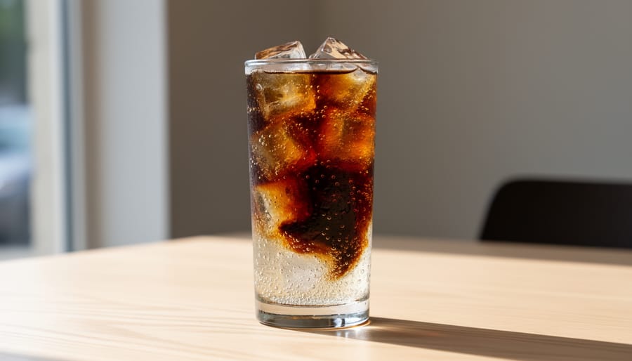 Cold brew coffee tonic with ice showing sparkling bubbles and lemon garnish