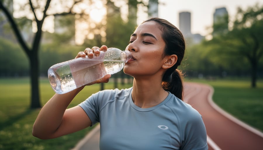 Person taking a hydration break outdoors holding a water bottle