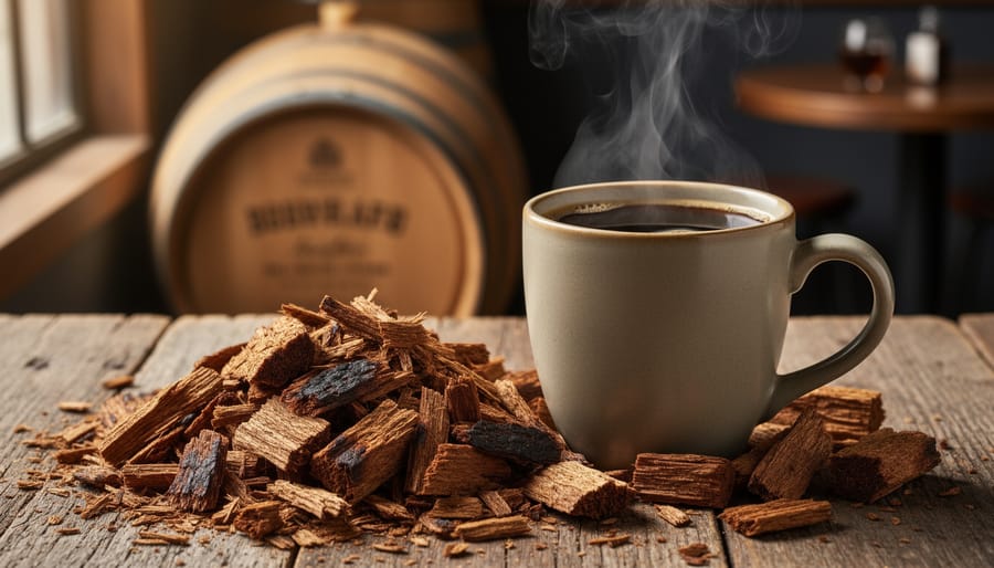 Whole coffee beans and bourbon barrel wood chips beside a mug of coffee in warm rustic lighting