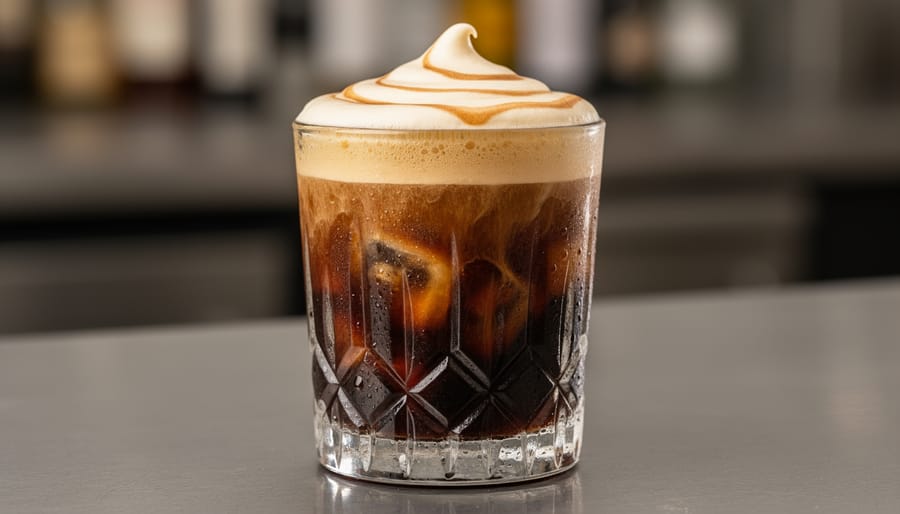 Nitro cold brew in a glass with cascading foam topped with sea-salt vanilla cream