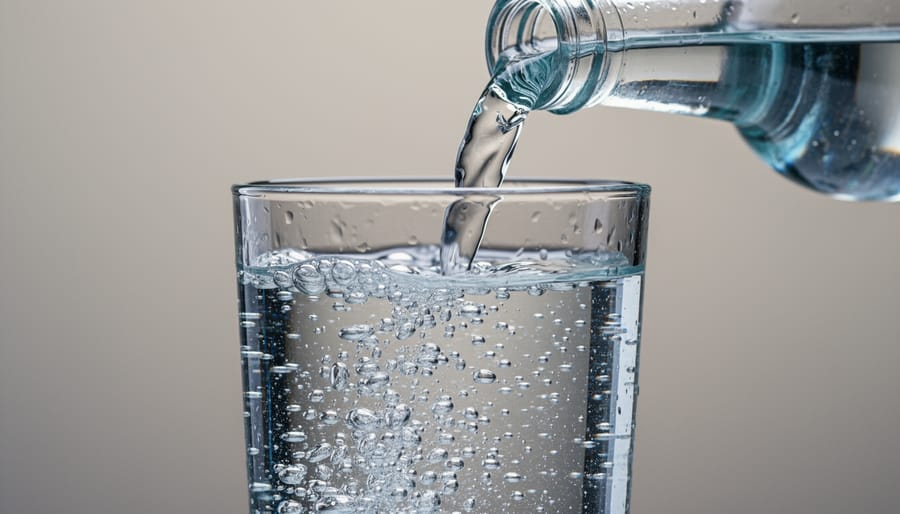 Close-up of sparkling water in a glass with visible rising bubbles and condensation
