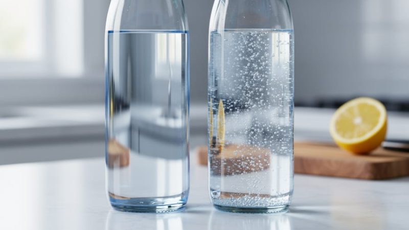 Close-up of still water and sparkling water in clear glasses, with fine bubbles rising in the sparkling water, on a clean countertop.