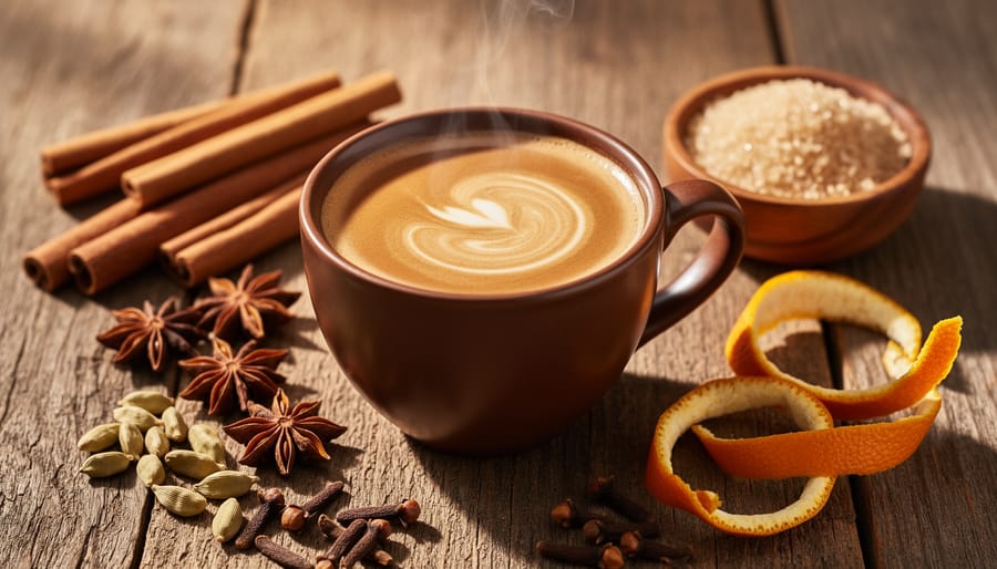A cup of spiced Moroccan coffee with Ras el Hanout spices and cinnamon sticks nearby