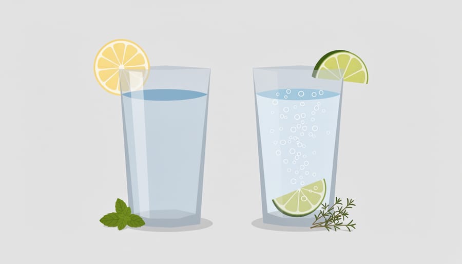 Still and sparkling water in two clear glasses on a table with mint leaves and lemon slices