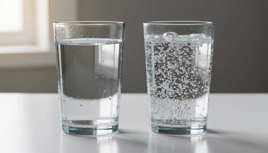 Close-up of two bottles of still water and sparkling water with condensation and visible bubbles on a kitchen counter