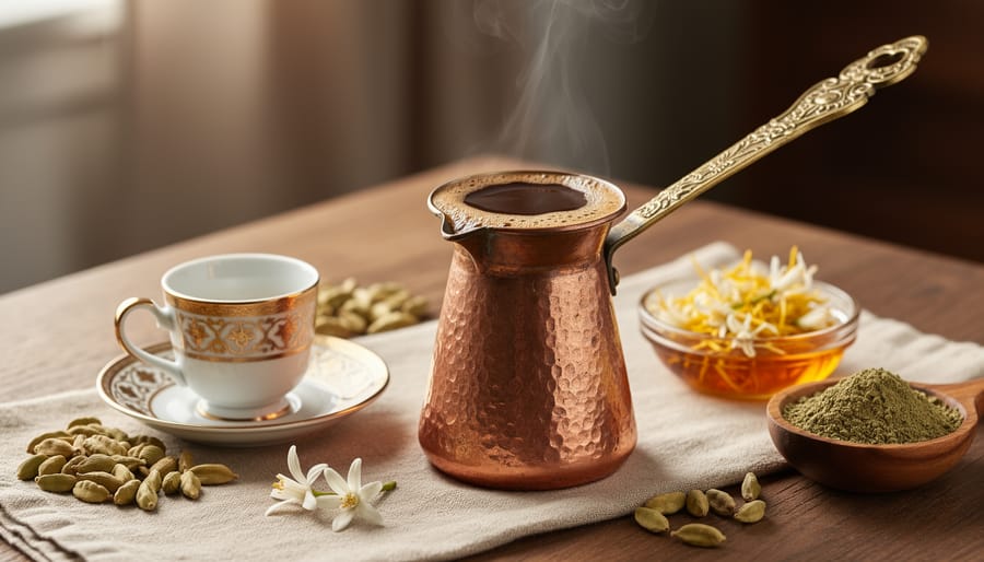 Cezve filled with dark frothy Turkish coffee with cardamom pods and orange blossom water on a wooden table