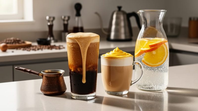 Home coffee counter with several unique coffee drinks, including nitro cold brew, dark Turkish coffee in a cezve, a creamy egg-coffee style cup, and coffee tonic with citrus slices.