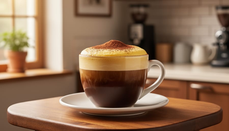 Vietnamese egg coffee in a glass with thick creamy foam and condensed milk ingredients nearby